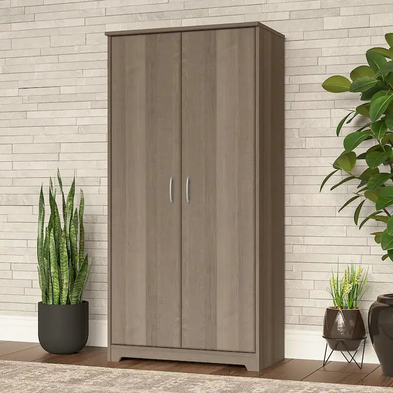 Armoire de rangement haute à 2 portes avec étagères réglables – Blanc / Gris cendré / Gris chiné / Gris moderne / Pin recyclé / Noyer moderne / Cerisier récolté / Chêne expresso