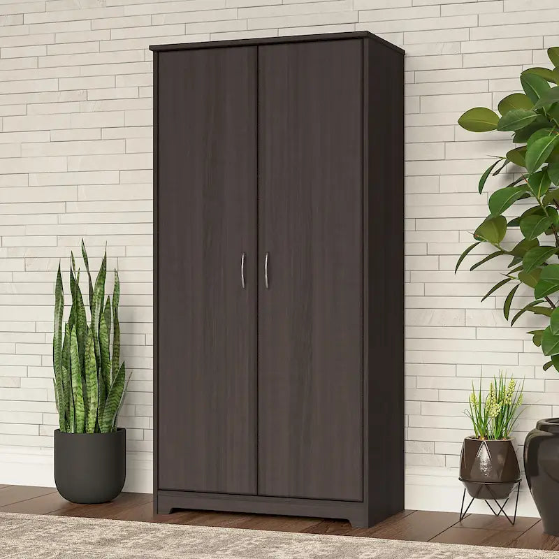 Armoire de rangement haute à 2 portes avec étagères réglables – Blanc / Gris cendré / Gris chiné / Gris moderne / Pin recyclé / Noyer moderne / Cerisier récolté / Chêne expresso