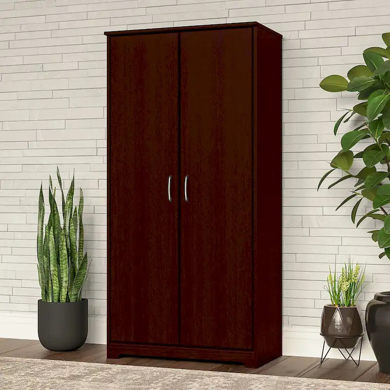 Armoire de rangement haute à 2 portes avec étagères réglables – Blanc / Gris cendré / Gris chiné / Gris moderne / Pin recyclé / Noyer moderne / Cerisier récolté / Chêne expresso
