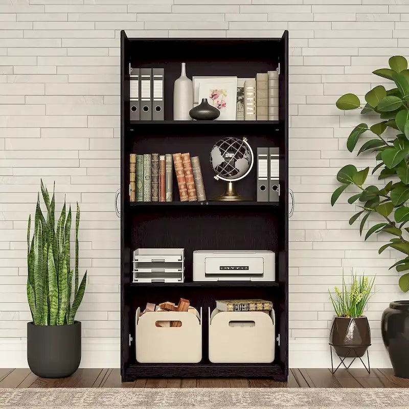 Armoire de rangement haute à 2 portes avec étagères réglables – Blanc / Gris cendré / Gris chiné / Gris moderne / Pin recyclé / Noyer moderne / Cerisier récolté / Chêne expresso