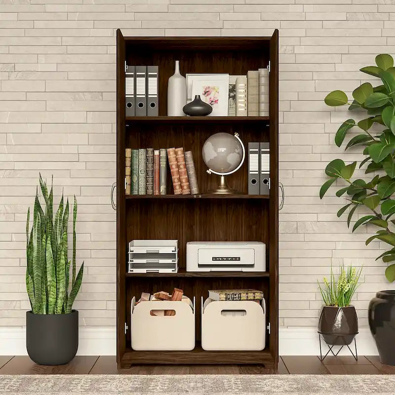 Armoire de rangement haute à 2 portes avec étagères réglables – Blanc / Gris cendré / Gris chiné / Gris moderne / Pin recyclé / Noyer moderne / Cerisier récolté / Chêne expresso