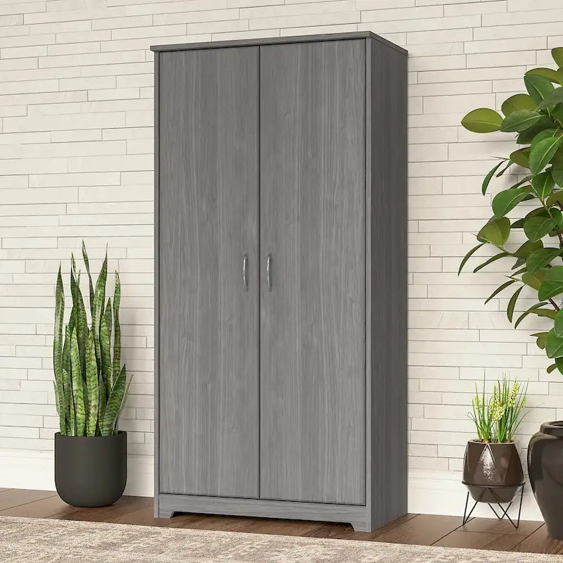 Armoire de rangement haute à 2 portes avec étagères réglables – Blanc / Gris cendré / Gris chiné / Gris moderne / Pin recyclé / Noyer moderne / Cerisier récolté / Chêne expresso
