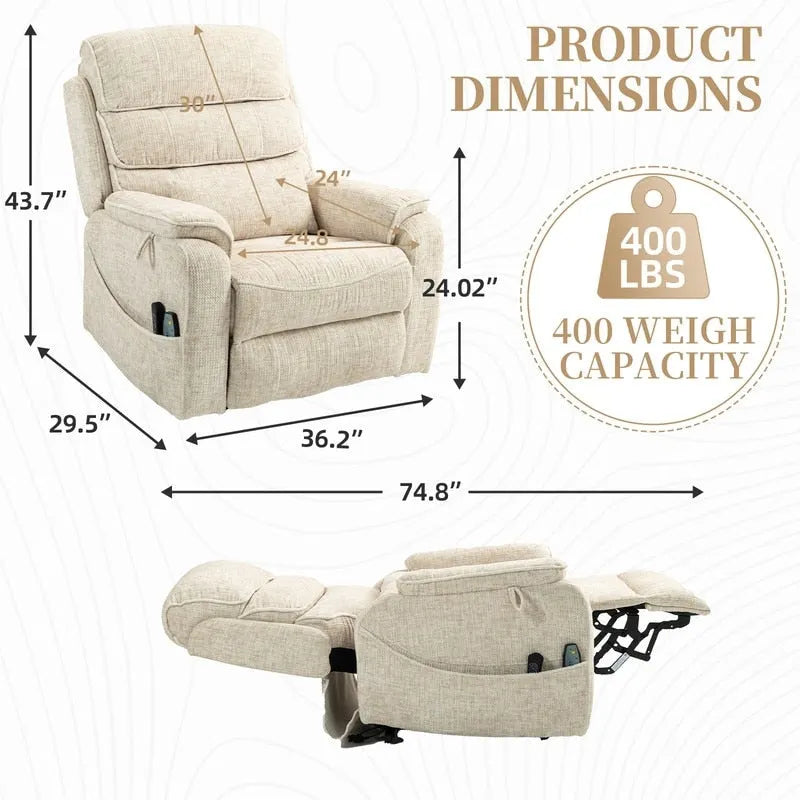 Fauteuil inclinable électrique à deux moteurs avec massage et chauffage – Crème / Gris / Beige / Marron, Coussin lombaire, 1 place