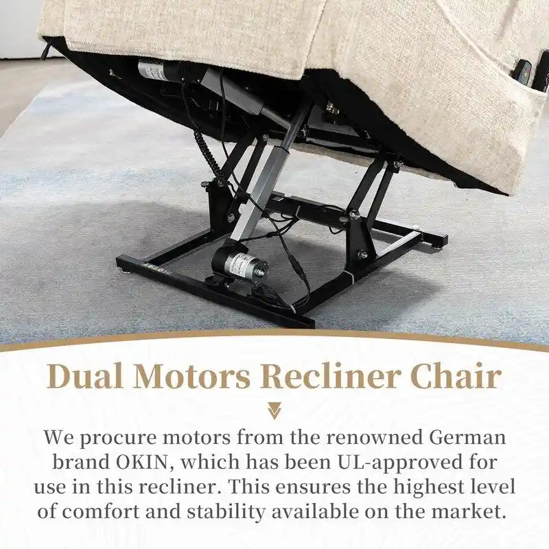 Fauteuil inclinable électrique à deux moteurs avec massage et chauffage – Crème / Gris / Beige / Marron, Coussin lombaire, 1 place