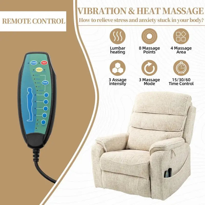 Fauteuil inclinable électrique à deux moteurs avec massage et chauffage – Crème / Gris / Beige / Marron, Coussin lombaire, 1 place