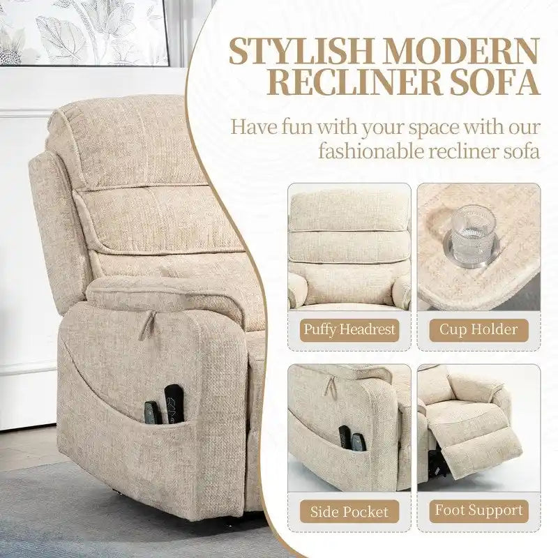 Fauteuil inclinable électrique à deux moteurs avec massage et chauffage – Crème / Gris / Beige / Marron, Coussin lombaire, 1 place