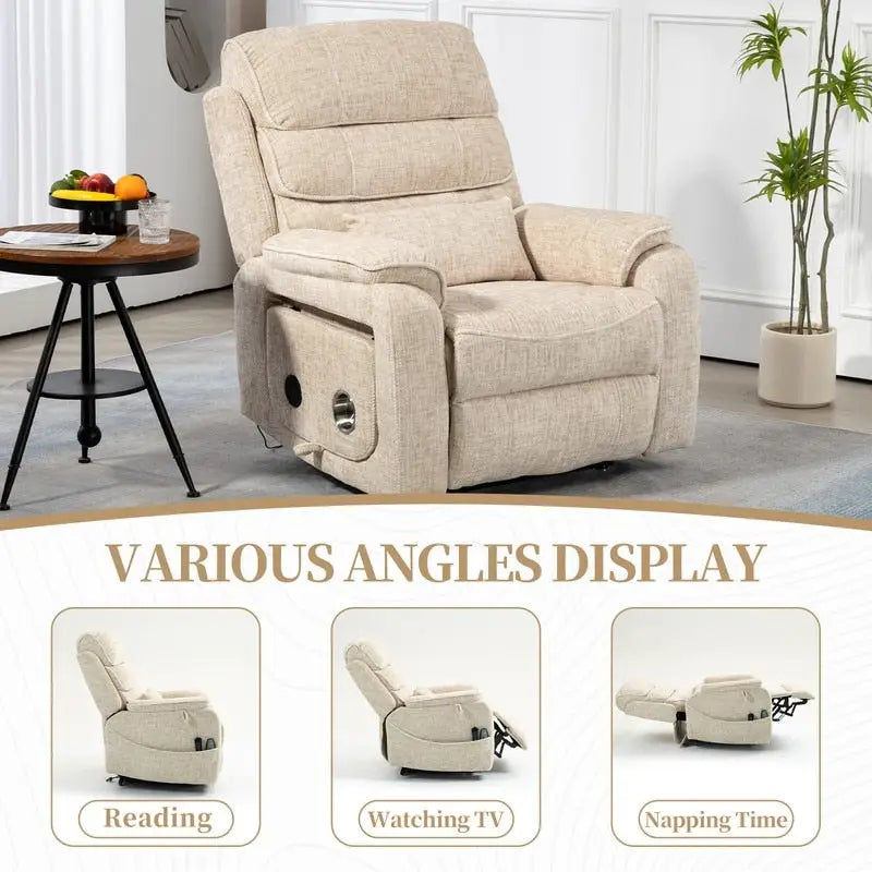 Fauteuil inclinable électrique à deux moteurs avec massage et chauffage – Crème / Gris / Beige / Marron, Coussin lombaire, 1 place
