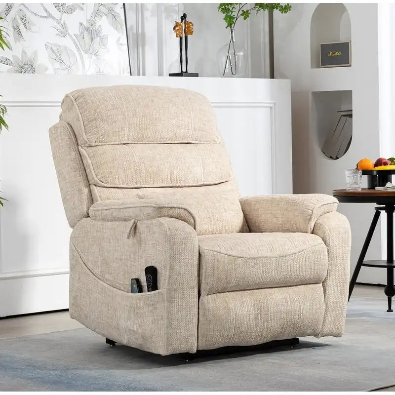 Fauteuil inclinable électrique à deux moteurs avec massage et chauffage – Crème / Gris / Beige / Marron, Coussin lombaire, 1 place