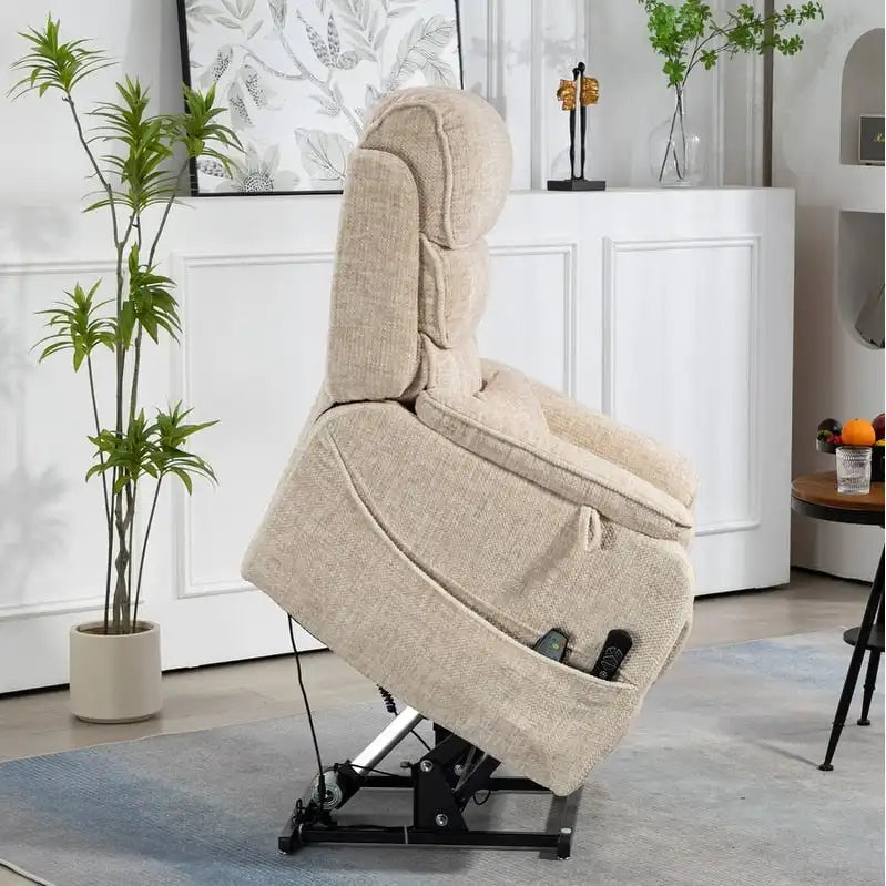 Fauteuil inclinable électrique à deux moteurs avec massage et chauffage – Crème / Gris / Beige / Marron, Coussin lombaire, 1 place