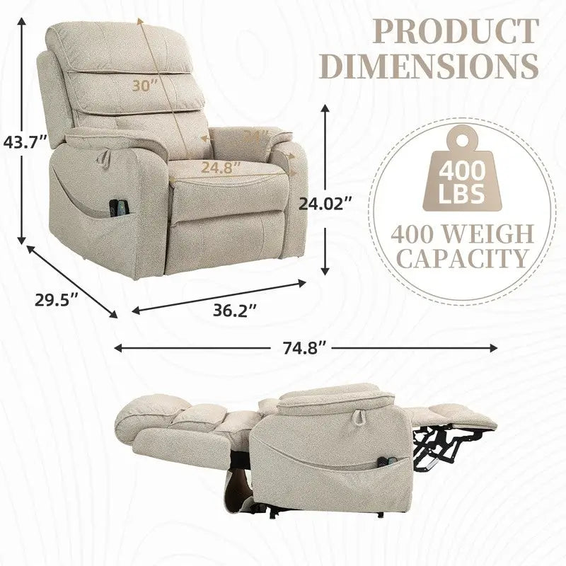 Fauteuil inclinable électrique à deux moteurs avec massage et chauffage – Crème / Gris / Beige / Marron, Coussin lombaire, 1 place