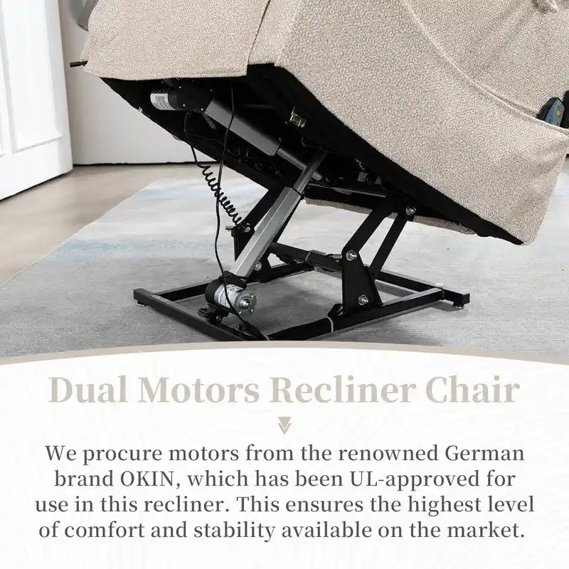 Fauteuil inclinable électrique à deux moteurs avec massage et chauffage – Crème / Gris / Beige / Marron, Coussin lombaire, 1 place