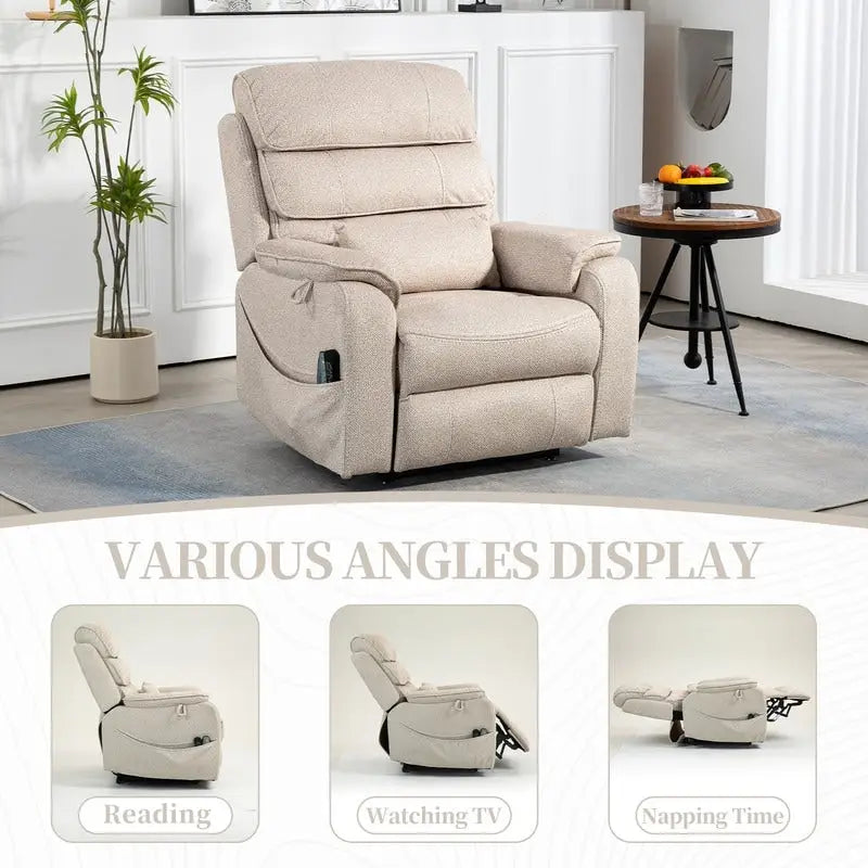 Fauteuil inclinable électrique à deux moteurs avec massage et chauffage – Crème / Gris / Beige / Marron, Coussin lombaire, 1 place
