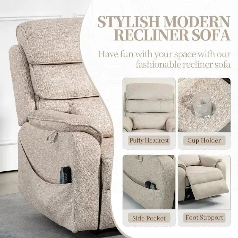 Fauteuil inclinable électrique à deux moteurs avec massage et chauffage – Crème / Gris / Beige / Marron, Coussin lombaire, 1 place