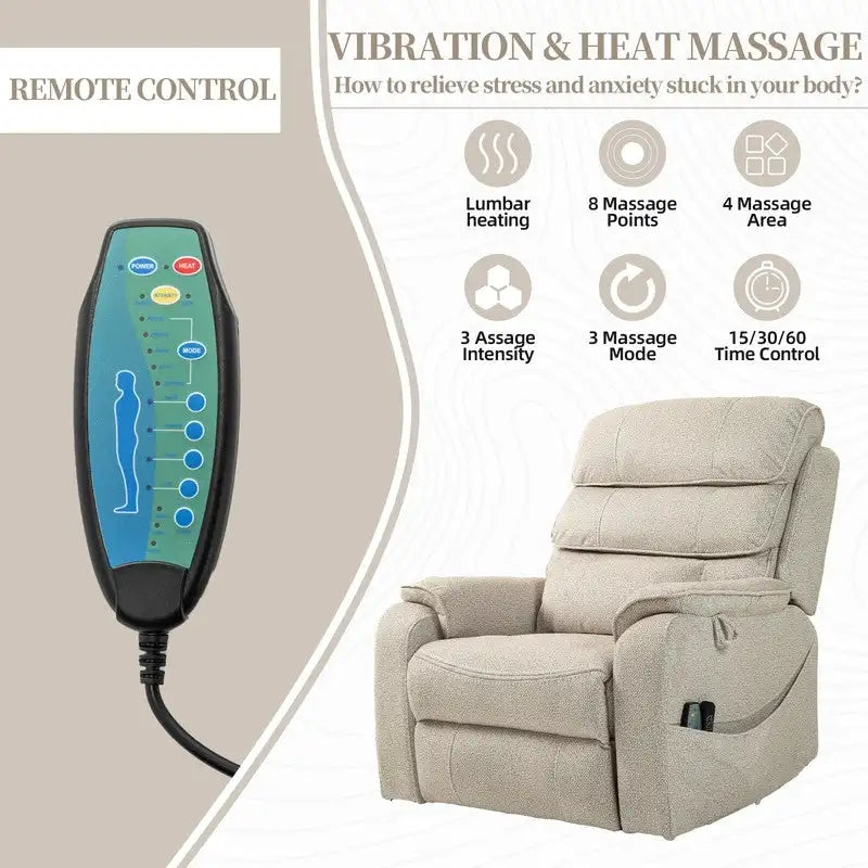 Fauteuil inclinable électrique à deux moteurs avec massage et chauffage – Crème / Gris / Beige / Marron, Coussin lombaire, 1 place