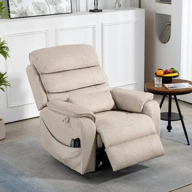Fauteuil inclinable électrique à deux moteurs avec massage et chauffage – Crème / Gris / Beige / Marron, Coussin lombaire, 1 place