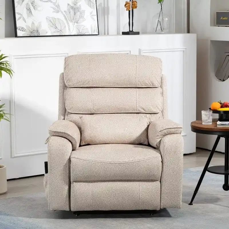 Fauteuil inclinable électrique à deux moteurs avec massage et chauffage – Crème / Gris / Beige / Marron, Coussin lombaire, 1 place
