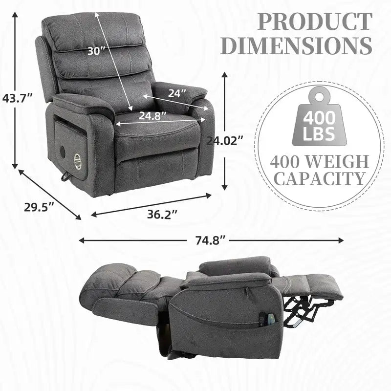 Fauteuil inclinable électrique à deux moteurs avec massage et chauffage – Crème / Gris / Beige / Marron, Coussin lombaire, 1 place