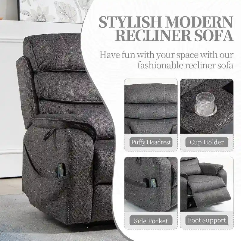 Fauteuil inclinable électrique à deux moteurs avec massage et chauffage – Crème / Gris / Beige / Marron, Coussin lombaire, 1 place