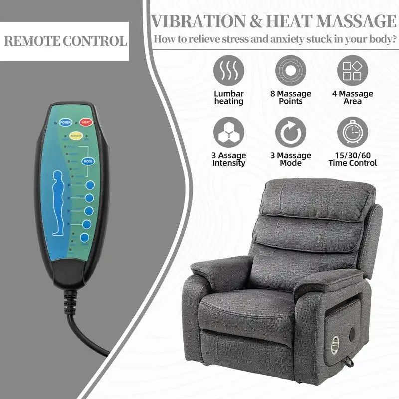 Fauteuil inclinable électrique à deux moteurs avec massage et chauffage – Crème / Gris / Beige / Marron, Coussin lombaire, 1 place