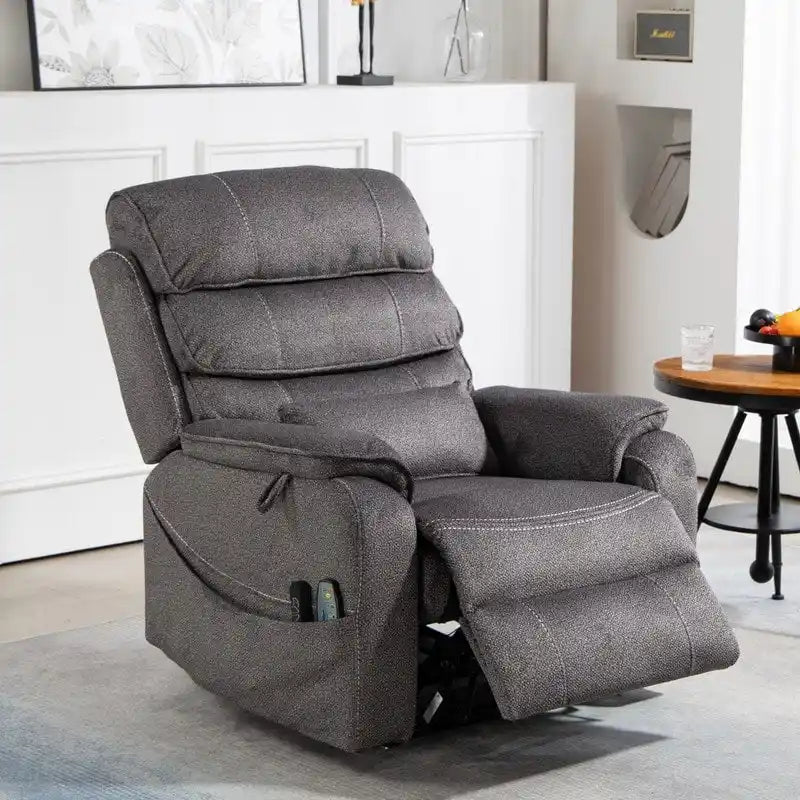 Fauteuil inclinable électrique à deux moteurs avec massage et chauffage – Crème / Gris / Beige / Marron, Coussin lombaire, 1 place