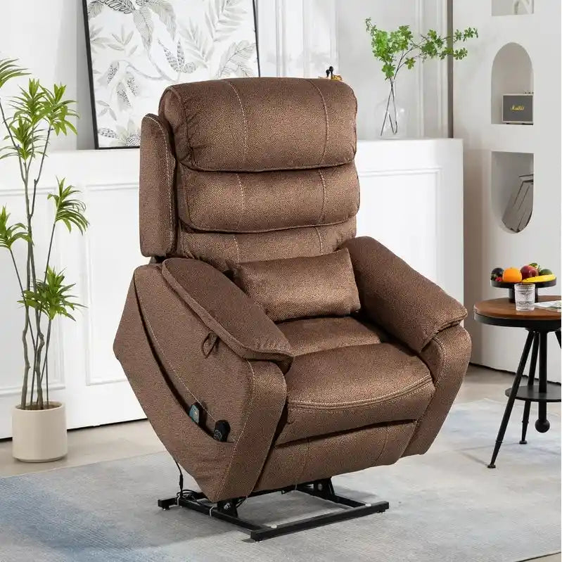 Fauteuil inclinable électrique à deux moteurs avec massage et chauffage – Crème / Gris / Beige / Marron, Coussin lombaire, 1 place