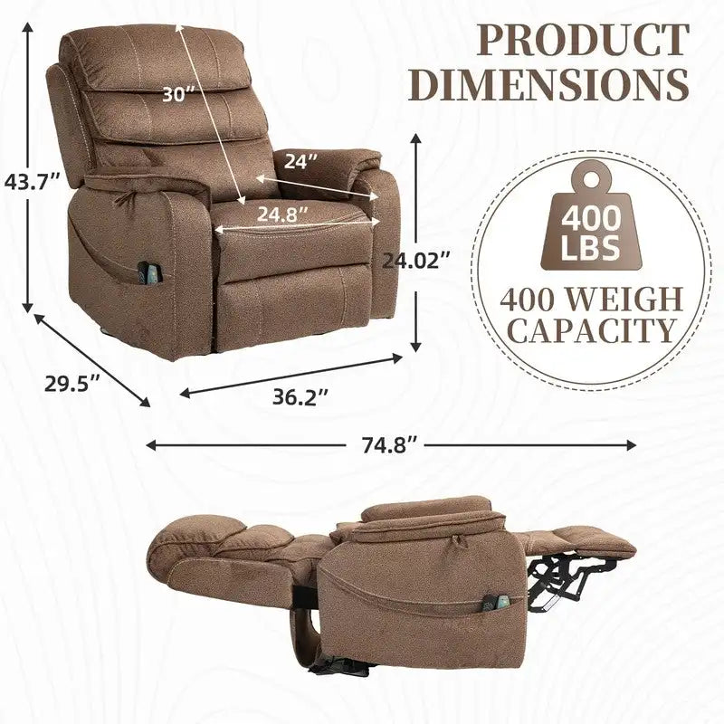Fauteuil inclinable électrique à deux moteurs avec massage et chauffage – Crème / Gris / Beige / Marron, Coussin lombaire, 1 place