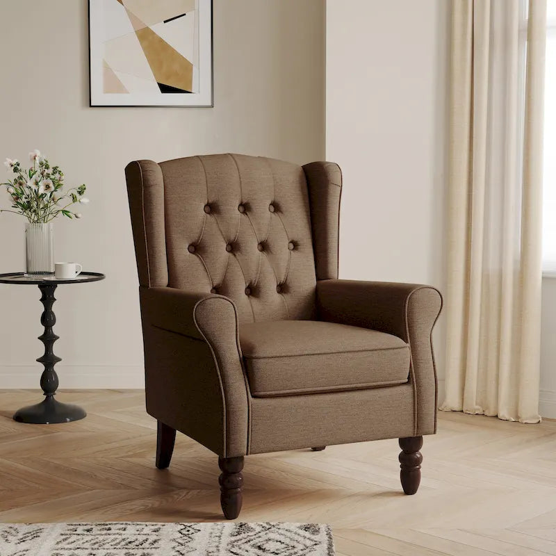 Fauteuil d'appoint à oreilles capitonné – Beige / Gris / Marron / Vert / Bleu / Taupe / Cuir, accoudoirs arrondis, 1 place