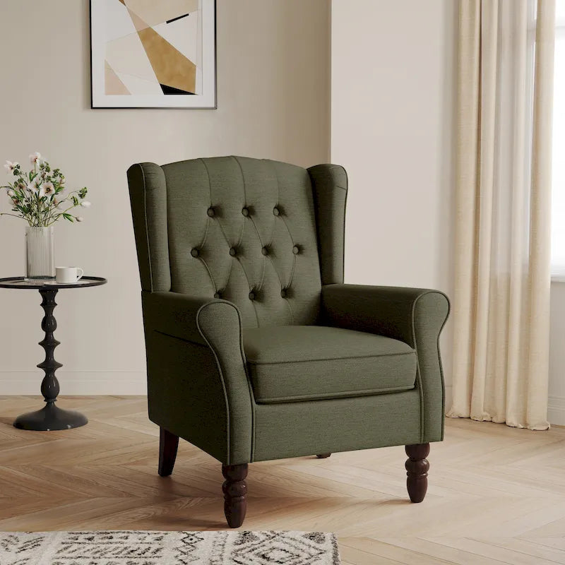 Fauteuil d'appoint à oreilles capitonné – Beige / Gris / Marron / Vert / Bleu / Taupe / Cuir, accoudoirs arrondis, 1 place