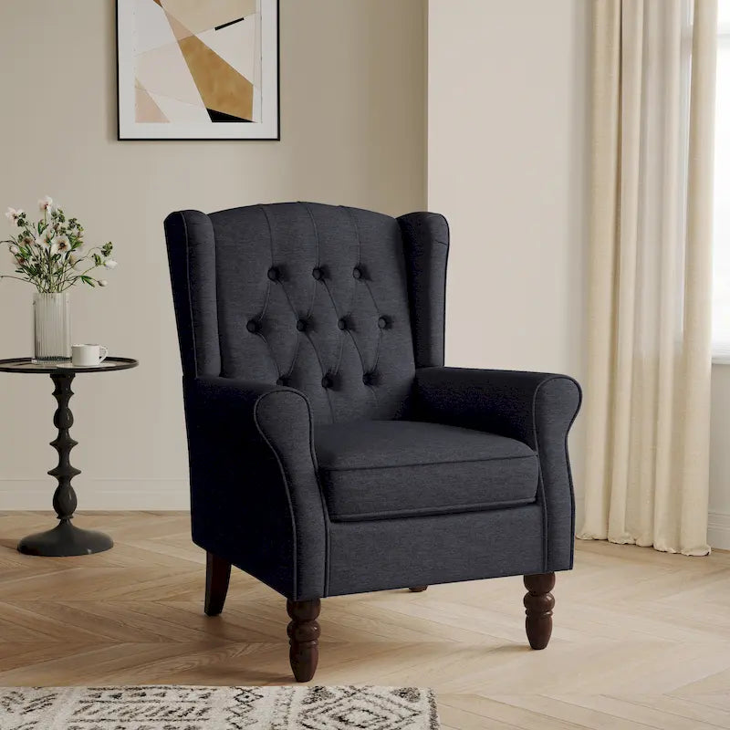 Fauteuil d'appoint à oreilles capitonné – Beige / Gris / Marron / Vert / Bleu / Taupe / Cuir, accoudoirs arrondis, 1 place