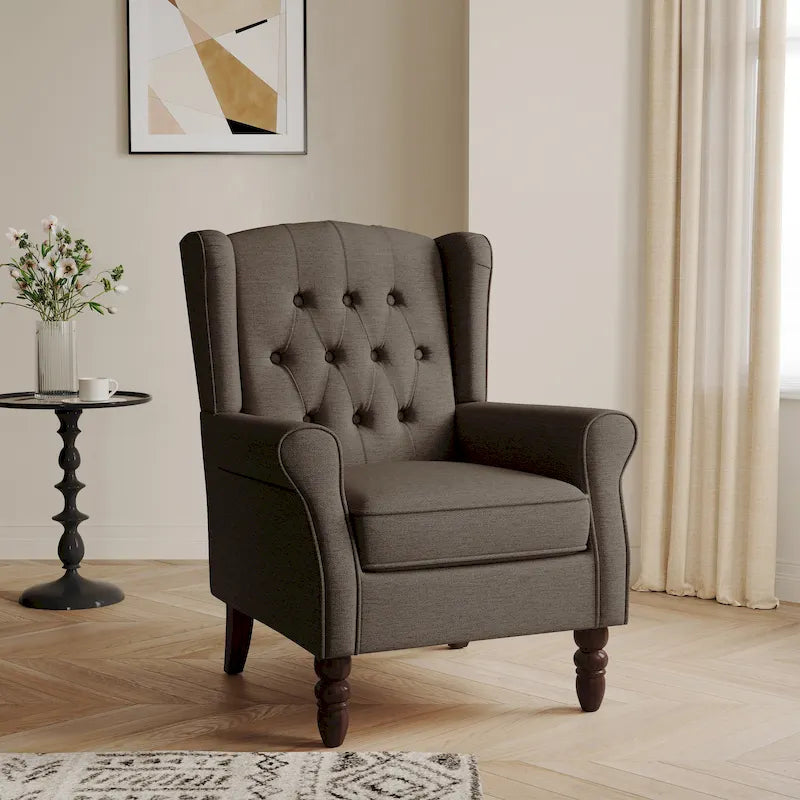 Fauteuil d'appoint à oreilles capitonné – Beige / Gris / Marron / Vert / Bleu / Taupe / Cuir, accoudoirs arrondis, 1 place