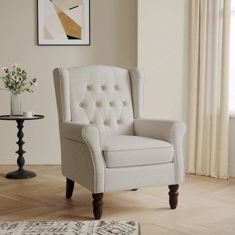 Fauteuil d'appoint à oreilles capitonné – Beige / Gris / Marron / Vert / Bleu / Taupe / Cuir, accoudoirs arrondis, 1 place