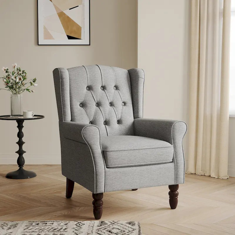 Fauteuil d'appoint à oreilles capitonné – Beige / Gris / Marron / Vert / Bleu / Taupe / Cuir, accoudoirs arrondis, 1 place