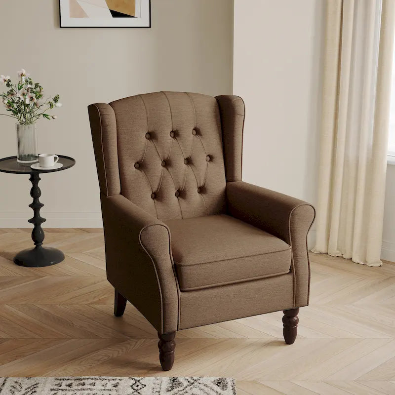 Fauteuil d'appoint à oreilles capitonné – Beige / Gris / Marron / Vert / Bleu / Taupe / Cuir, accoudoirs arrondis, 1 place
