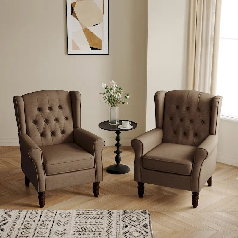 Fauteuil d'appoint à oreilles capitonné – Beige / Gris / Marron / Vert / Bleu / Taupe / Cuir, accoudoirs arrondis, 1 place