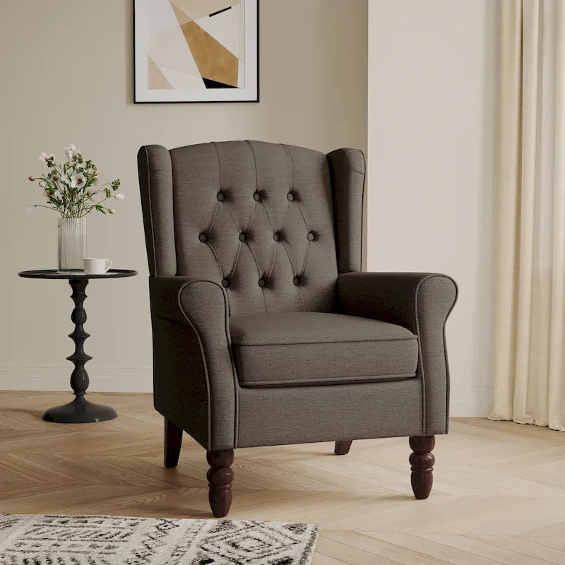 Fauteuil d'appoint à oreilles capitonné – Beige / Gris / Marron / Vert / Bleu / Taupe / Cuir, accoudoirs arrondis, 1 place