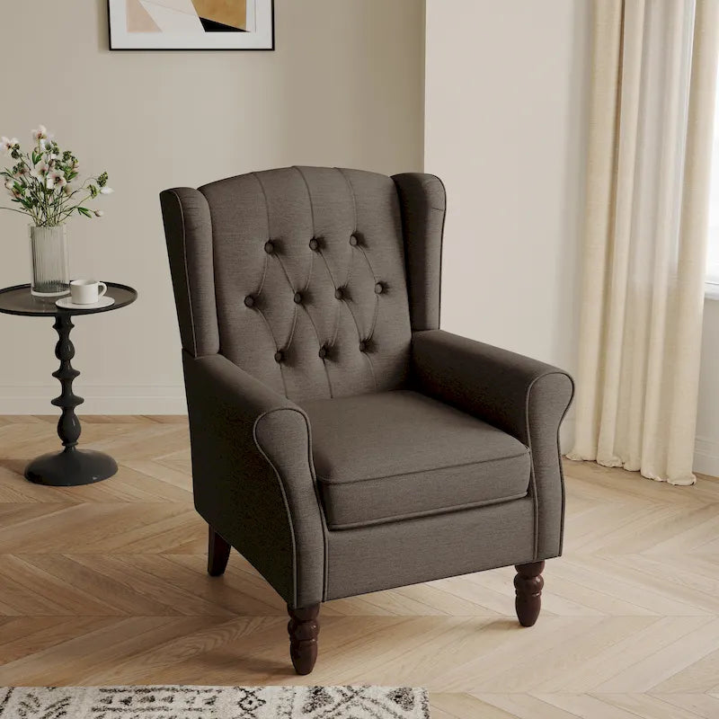 Fauteuil d'appoint à oreilles capitonné – Beige / Gris / Marron / Vert / Bleu / Taupe / Cuir, accoudoirs arrondis, 1 place