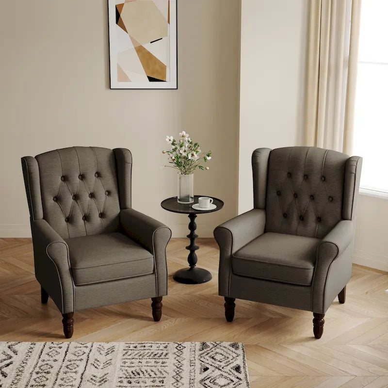 Fauteuil d'appoint à oreilles capitonné – Beige / Gris / Marron / Vert / Bleu / Taupe / Cuir, accoudoirs arrondis, 1 place