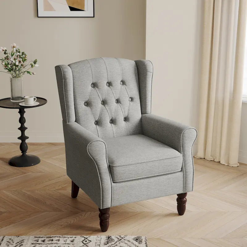 Fauteuil d'appoint à oreilles capitonné – Beige / Gris / Marron / Vert / Bleu / Taupe / Cuir, accoudoirs arrondis, 1 place