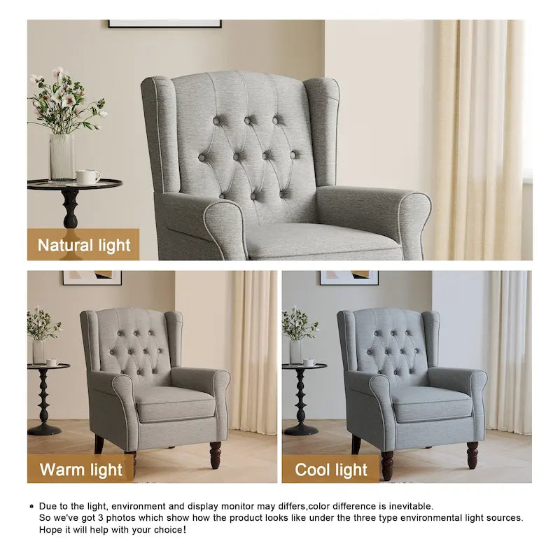 Fauteuil d'appoint à oreilles capitonné – Beige / Gris / Marron / Vert / Bleu / Taupe / Cuir, accoudoirs arrondis, 1 place