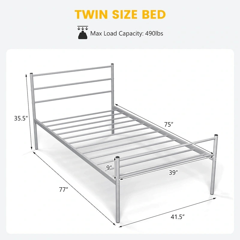 Cadre de lit double en métal avec tête et pied de lit – Noir / Argent, 12 lattes, pour 1 personne
