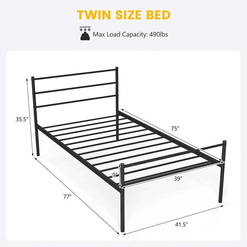 Cadre de lit double en métal avec tête et pied de lit – Noir / Argent, 12 lattes, pour 1 personne