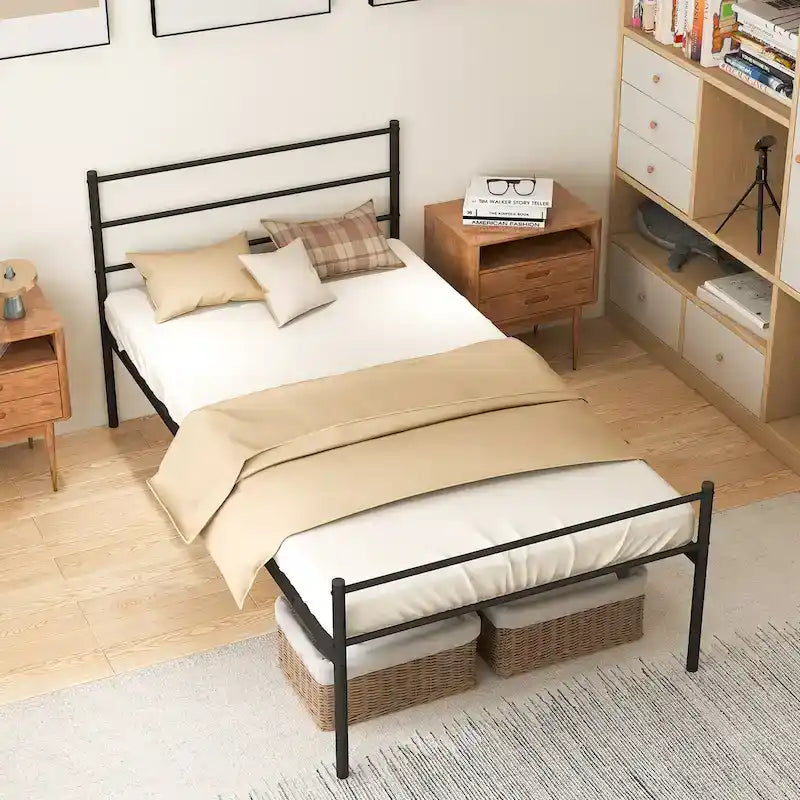 Cadre de lit double en métal avec tête et pied de lit – Noir / Argent, 12 lattes, pour 1 personne