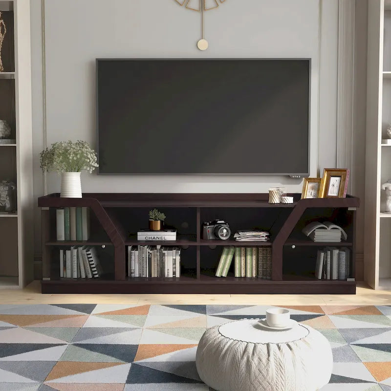 Meuble TV contemporain avec portes vitrées – Espresso, 4 étagères ouvertes, s'adapte jusqu'à 68"