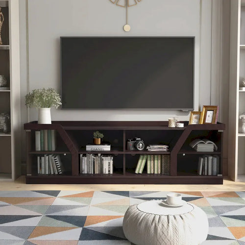 Meuble TV contemporain avec portes vitrées – Espresso, 4 étagères ouvertes, s'adapte jusqu'à 68"
