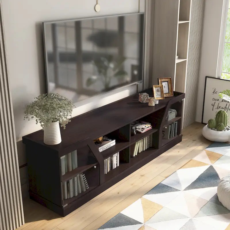 Meuble TV contemporain avec portes vitrées – Espresso, 4 étagères ouvertes, s'adapte jusqu'à 68"
