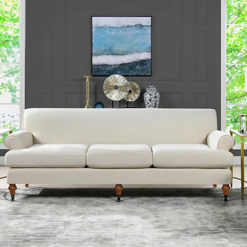 Canapé 3 places style Lawson 88" – Gris argenté / Bleu marine / Pêche / Beige / Olive / Lin / Bleu, Accoudoirs arrondis