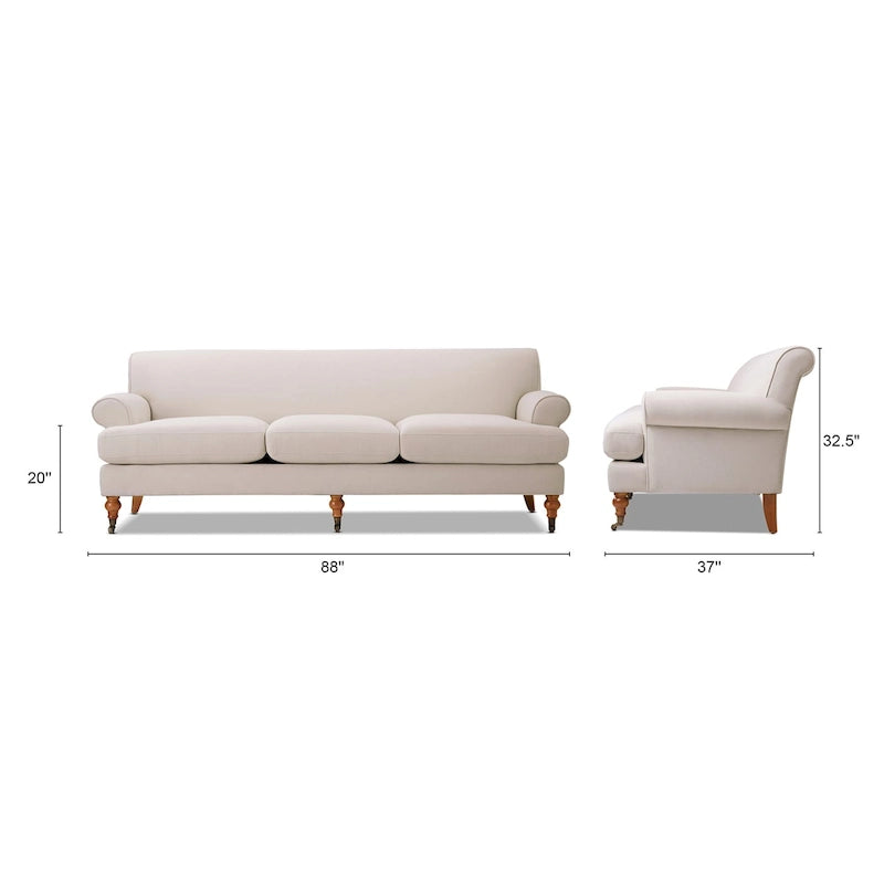 Canapé 3 places style Lawson 88" – Gris argenté / Bleu marine / Pêche / Beige / Olive / Lin / Bleu, Accoudoirs arrondis