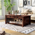 Table basse relevable de style Mission – Chêne foncé / Gris antique, 1 étagère inférieure, 2 à 4 places