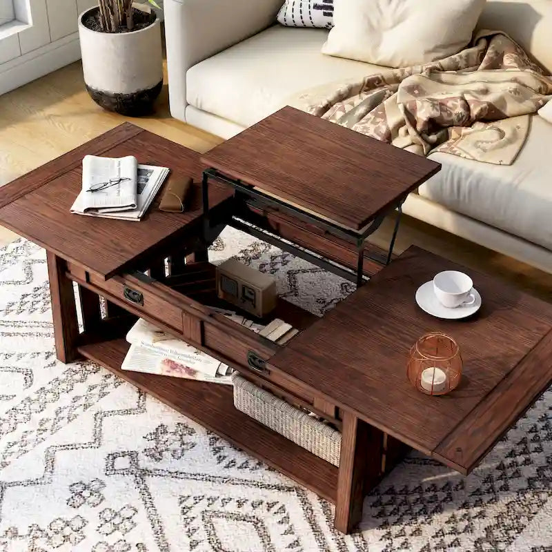 Table basse relevable de style Mission – Chêne foncé / Gris antique, 1 étagère inférieure, 2 à 4 places