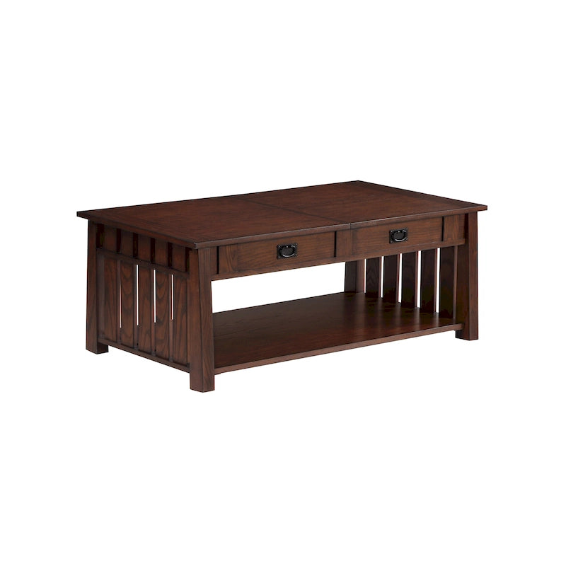 Table basse relevable de style Mission – Chêne foncé / Gris antique, 1 étagère inférieure, 2 à 4 places
